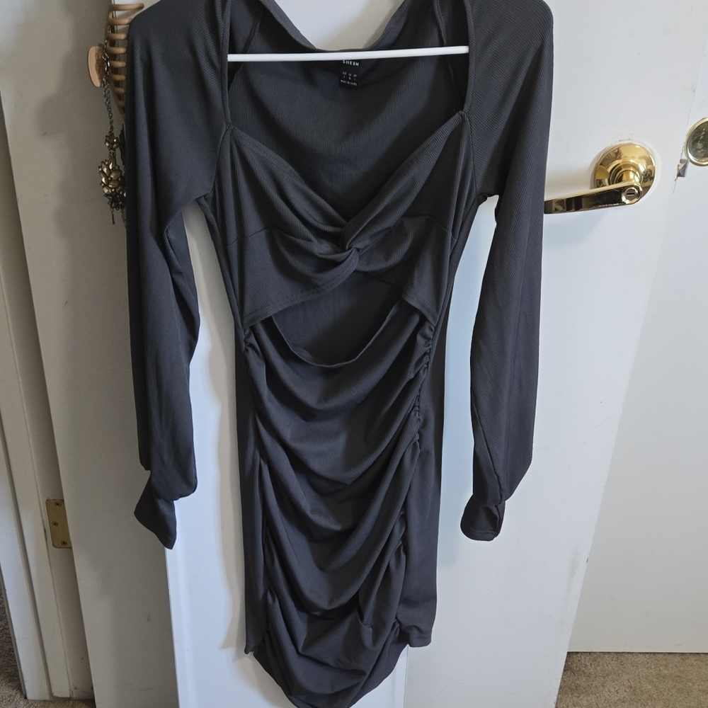 SHEIN Gray Ruched Long Sleeve Bodycon Dress